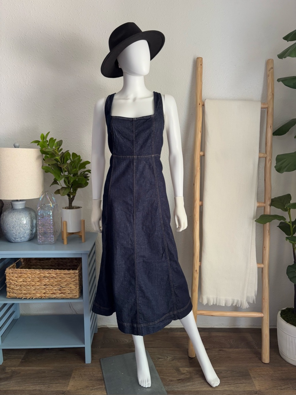 Dark Indigo Denim Midi Dress with Square Neck - Picture 9 of 9